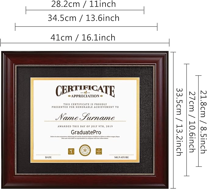 GraduatePro 8.5x11 Diploma Frame with Black Over Gold Mat or Display 11x14 Document Without Mat, CPA License Frame, UV Protection Acrylic, Mahogany with Gold Beads