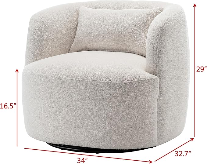 KINWELL 34" Wide Boucle Swivel Barrel Chairs Set of 2, No Assembly Round Upholstered Armchairs Accent Chairs Single Sofa Chair with Toss Pillow for Living Room and Bedroom, Beige