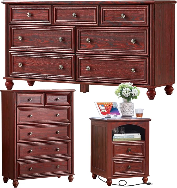 Farmhouse Dressers & Night Stand Set of 3, Wood 54" Wide Dresser & 43.5"Tall Chest of Drawers, 18" with Charging Station Nightstand, Bedroom Furniture 7 Drawer Dresser Set for Home Living Room Hallway