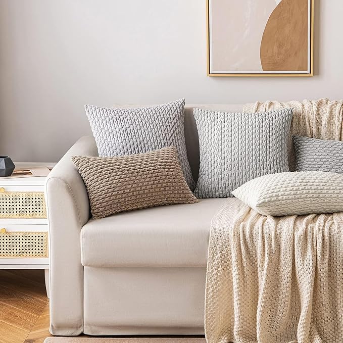 MIULEE Throw Pillow Covers Soft Corduroy Decorative Set of 2 Boho Striped Pillow Covers Pillowcases Farmhouse Home Decor for Couch Bed Sofa Living Room 12x20 Inch Light Brown