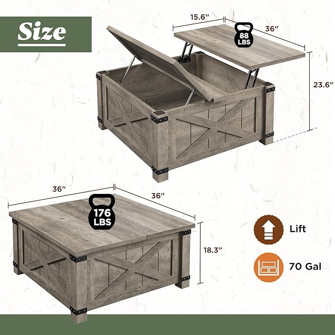EnHomee Lift Top Coffee Table with Storage, 36" Farmhouse Coffee Tables for Living Room, Square Coffee Table with Large Hidden Space, for Living Room, Bedroom, Home Office, Oak Grey