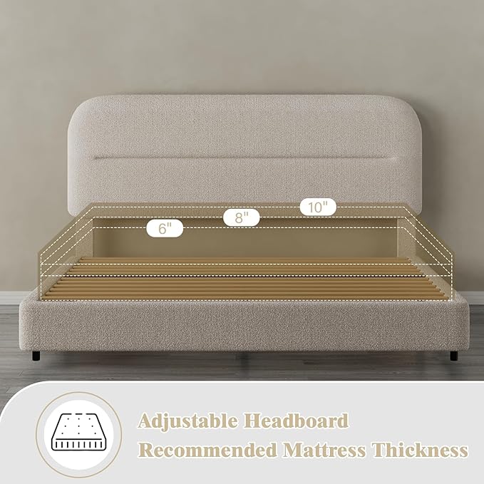 Queen Bed Frame with Headboard, Boucle Upholstered Soft Platform Bed Frame with Thickened Footboard, Rounded Corners Design, No Box Spring Required, Easy Assembly, Cream