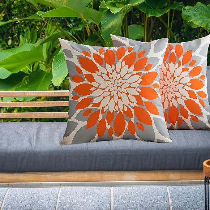 Qahing Pack of 4 Fall Outdoor Waterproof Pillow Covers 16x16 Decorative Outdoor Throw Pillows Garden Square Cushion Cases for Patio Furniture, Couch, Tent Sunbrella, Bench, Orange Grey