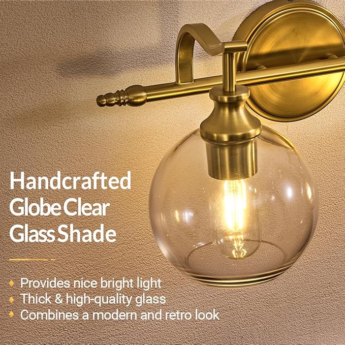 ANDY STAR 2 Light Bathroom Vanity Light, Brushed Gold Bathroom Light Fixtures, Wall Lighting with Clear Globe Glass Shades, Brass Wall Sconce for Living Room, Bedroom, Hallway