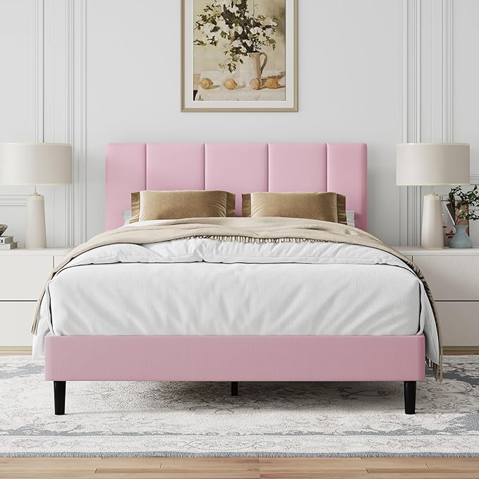 Full Size Bed Frame, Platform Bed Frame with Velvet Upholstered Headboard, Fully Upholstered Mattress Foundation with Strong Wooden Slats, No Box Spring Needed, Noise Free, Easy Assembly