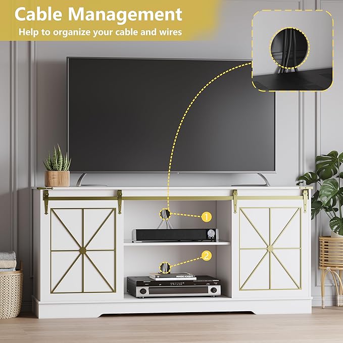 Farmhouse TV Stand for 65/60/55 Inch Tvs, Rustic Entertainment Center with Storage Cabinets & Sliding Barn Doors, Modern Media Console Table, Wood Television Furniture for Living Room, Bedroom, White