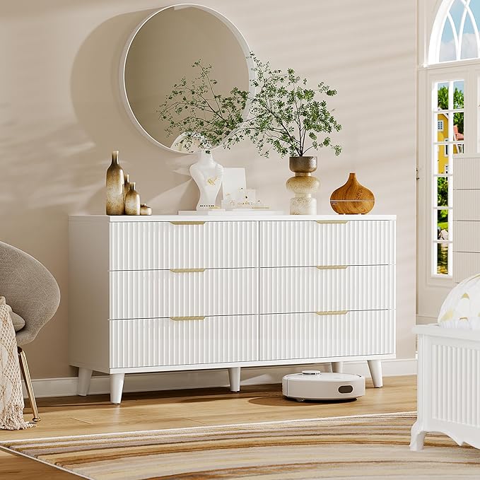 Lulive White Dresser for Bedroom Wood Dressers Chest of Drawers, Fluted 53.2" Wide Modern Long Dresser TV Stand 6 Drawers for Bedroom, Closet, Living Room, Hallway (White)