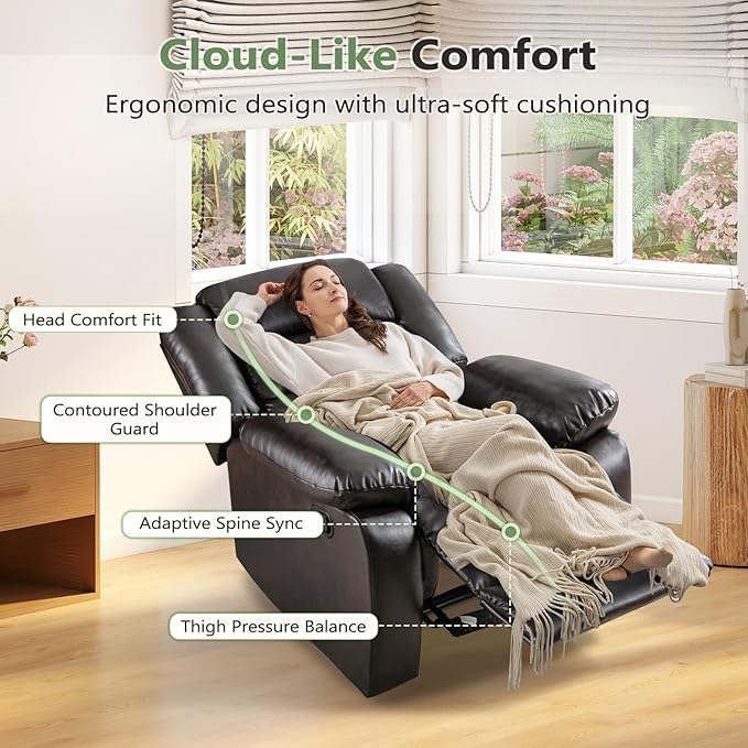 ANJ Manual Recliner Chair Set of 2, Breathable Faux Leather Reclining Chairs with Overstuffed Arm and Back, Living Room Single Sofa Recliners (Dark Brown)