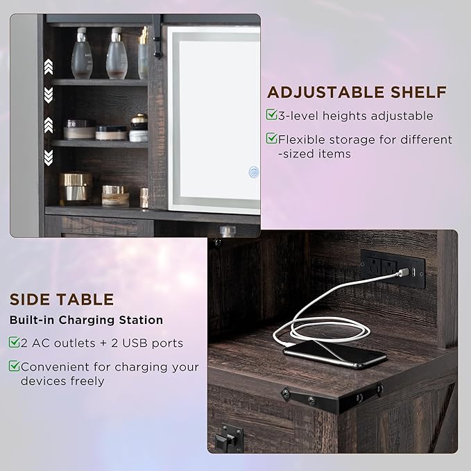 T4TREAM 48'' Farmhouse Makeup Vanity Desk with Sliding HD Mirror and Lights, Big Modern Lighted Vanity Table with 7 Drawers & Shelves, Rustic Large Dressing Table for Bedroom, Dark Rustic Oak