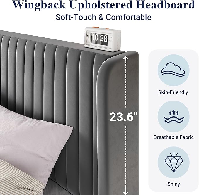 Allewie Full Size Velvet Bed Frame/Vertical Channel Tufted Wingback Headboard/Upholstered Platform Bed/Strong Wooden Slats/No Box Spring Needed/Easy Assembly/Grey