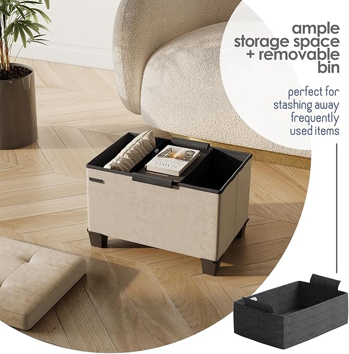STORAGEBUD Storage Ottoman Cube with Small Bin, 16-in Square Ottoman with Storage for Living Room and Bedroom, Small Ottomans Foot Rest, Velvet Foot Stools Ottomans Max 330lbs, Beige