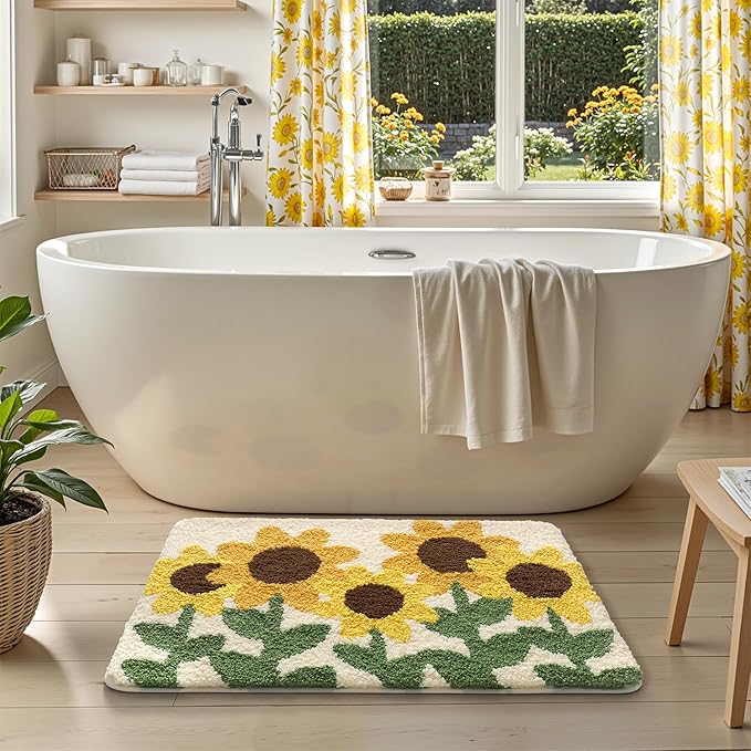 LUMI Bathroom Rug 24x36, Soft Absorbent Microfiber Bath Mats, Non-Slip Machine Wash Bath Mats for Bathroom, Shower and Bathtub Floor, Sunflower