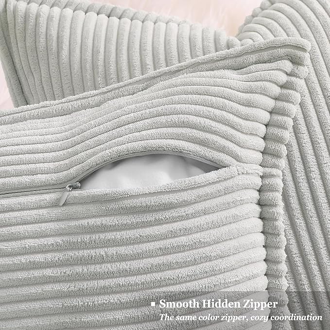 decorUhome Corduroy Grey Throw Pillow Covers 26x26 Set of 2 Decorative Soft Boho Striped Neutral Euro Farmhouse Couch Pillow Covers with Broadside for Living Room Bed Sofa