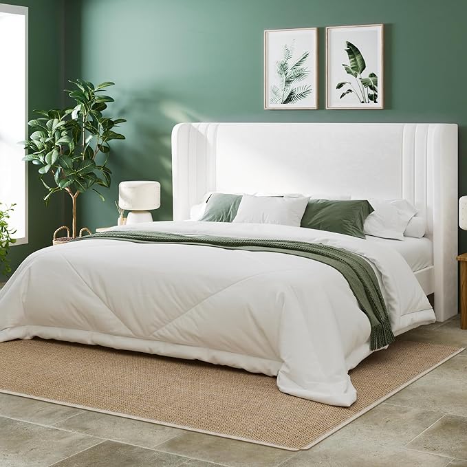 Allewie King Size Velvet Platform Bed Frame with Vertical Tufted Wingback Headboard, Easy Assembly, Under Bed Storage, No Box Spring Required, Modern Style, White
