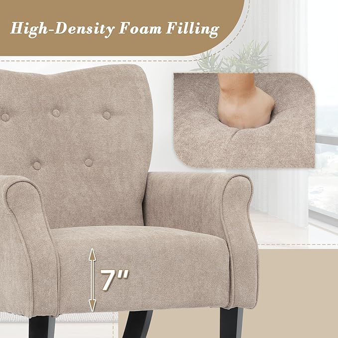 Athena Collection Mid Century Accent Chair, Upholstered Modern Comfy Armchair Single Sofa, Elegant Vanity Chair Reading Chair with High Back and Solid Wood Legs for Bedroom Living Room Office, Beige