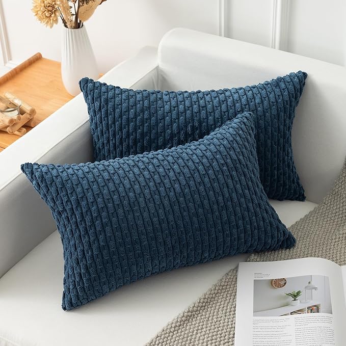Kevin Textile Pack of 2 Corduroy Decorative Throw Pillow Covers 12x20 Inch Soft Boho Striped Pillow Covers Modern Farmhouse Home Decor for Autumn Sofa Living Room Couch Bed Blue