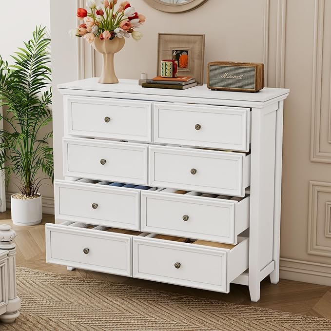BLANKSPACE White 8 Drawer Dresser, Modern Dresser for Bedroom, Wood Drawer Organizer with Metal Knobs, Large Capacity Cabinet for Bedroom, Hallway