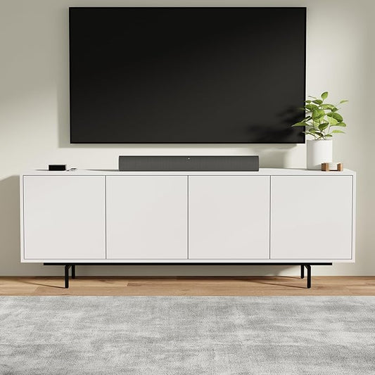 Norrhaus 75" x 26" 4-Door TV Stand in White - Modern TV Console Made from Quality Engineered Hardwood with Water Resistant Melamine Veneer - No Tools Frame Assembly
