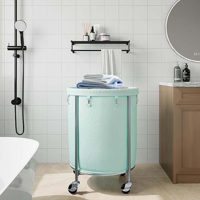 ELYKEN Laundry Basket with Wheels, 170L Rolling Laundry Hamper with Removable Bag and Steel Frame, Round Laundry Cart with 4 Casters and 2 Brakes, Ideal for Bedroom, Bathroom, Laundry Room, Mint Green