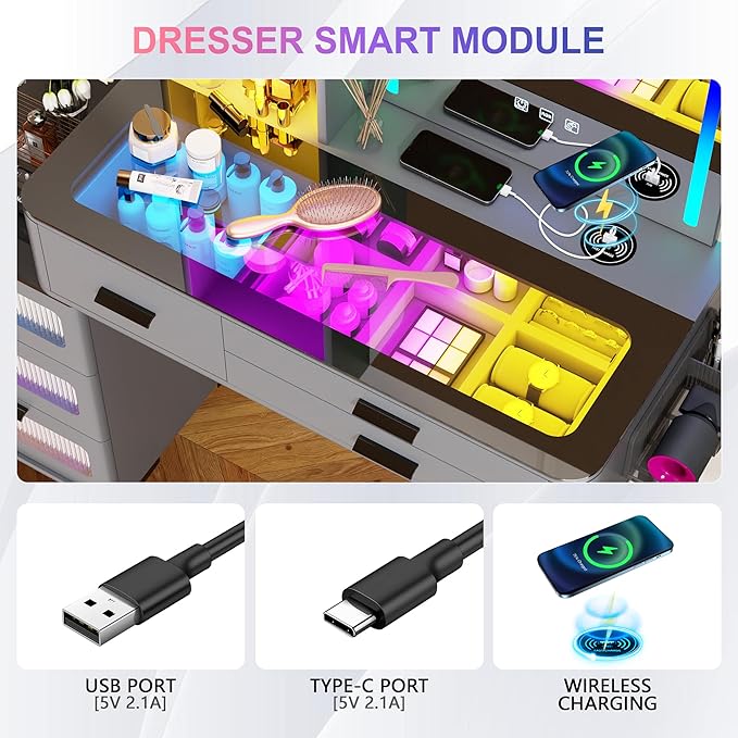 HNEBC Vanitys with HD Glass Display Table, Makeup Desk with Lighted Mirror and Charging Station, Dressing Table with RGB Lights,Jewelry Organizer,Cabinet,6Drawers,Chair for Women/Girls (Grey)
