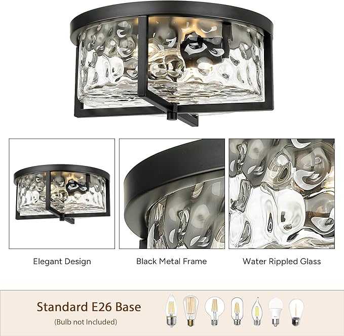 Modern Flush Mount Ceiling Light, 13" D 2-Light Industrial Close to Ceiling Lights, Hammered Glass Ceiling Light,Flush Ceiling Light for Hallway, Kitchen, Bathroom, Dining Room (Black,)