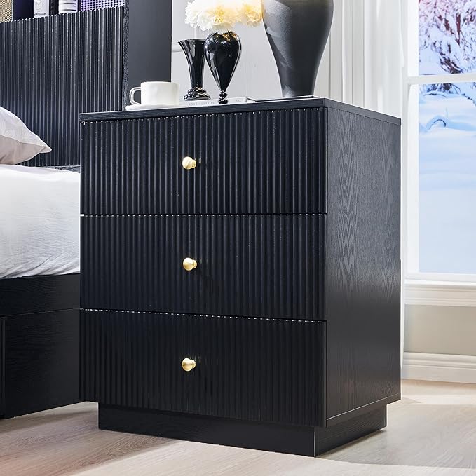 Fluted Night Stand with Charging Station, 21.65" Black Nightstand with 3 Drawer, 3 Drawer Dresser for Bedroom, Morden End Table Chests of Drawers Bedside Table for Bedroom, Living Room,Black