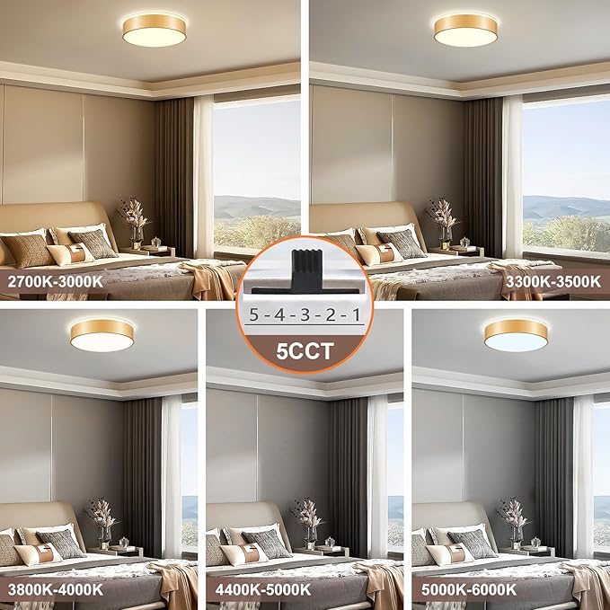 Gold LED Flush Mount Ceiling Lights, Modern Dimmable 5CCT Close to Ceiling Light, Minimalist Overhead Round Kitchen Lighting Fixtures for Bedroom Hallway Entryway Living Room, 15.8 Inch