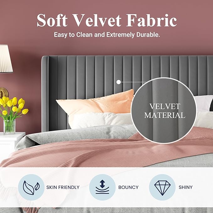 Allewie Full Size Velvet Bed Frame/Vertical Channel Tufted Wingback Headboard/Upholstered Platform Bed/Strong Wooden Slats/No Box Spring Needed/Easy Assembly/Grey