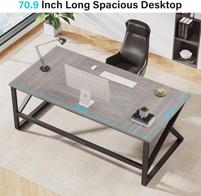 IBF 70 Inch Large Home Office Desk, Industrial Long Executive Work Writing Study Computer Table, Farmhouse Big Metal Wood Double Desk for Bedroom Living Room, Rustic Dual Monitor Desk, Light Grey