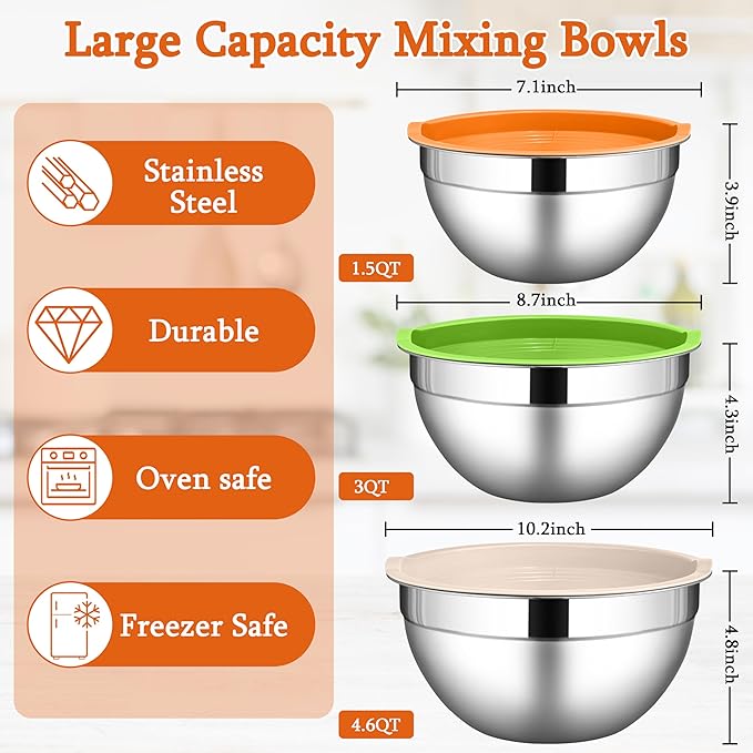 LIANYU Stainless Steel Metal Mixing Bowls, 3 Sizes Large and Small Salad Mixing Bowl Sets, Include Airtight Lids, Ideal for Kitchen Storage, Prepping, Baking, Three-Color
