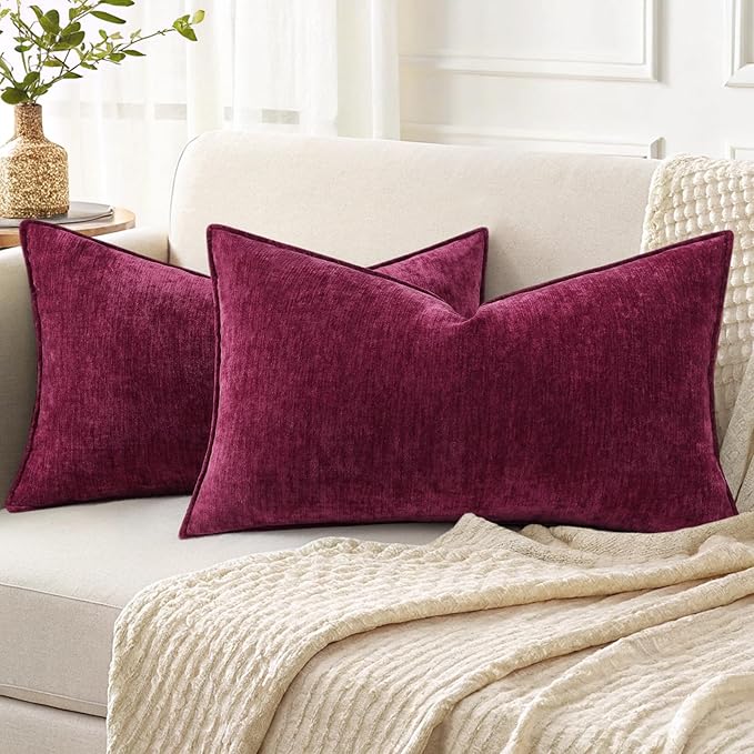 decorUhome Couch Throw Pillow Covers 12x20 Set of 2, Decorative Soft Euro Neutral Chenille Lumbar Pillow Covers with Elegant Design for Sofa Bed Living Room Home Decor, Rhododendron