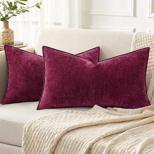decorUhome Couch Throw Pillow Covers 12x20 Set of 2, Decorative Soft Euro Neutral Chenille Lumbar Pillow Covers with Elegant Design for Sofa Bed Living Room Home Decor, Rhododendron