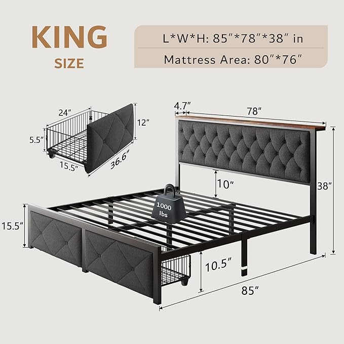 iPormis King Bed Frame with 2 Storage Drawers, Linen Upholstered Headboard Platform Bed with Charging Station, No Box Spring Needed, Metal Slats Support, Noise-Free, Easy Assembly, Grey
