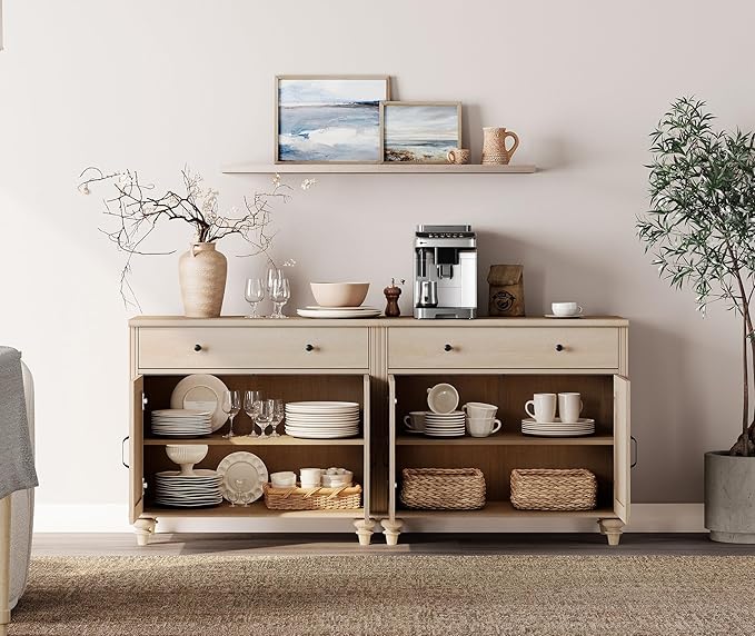 WAMPAT Farmhouse TV Stand for 100 Inch TV, 3-in-1 TV Console Table for 75/80/85/90 Inch TV, Entertainment Center with Glass & Wood Door, Kitchen Sideboard Buffet Cabinet for Dining Room, Light Oak