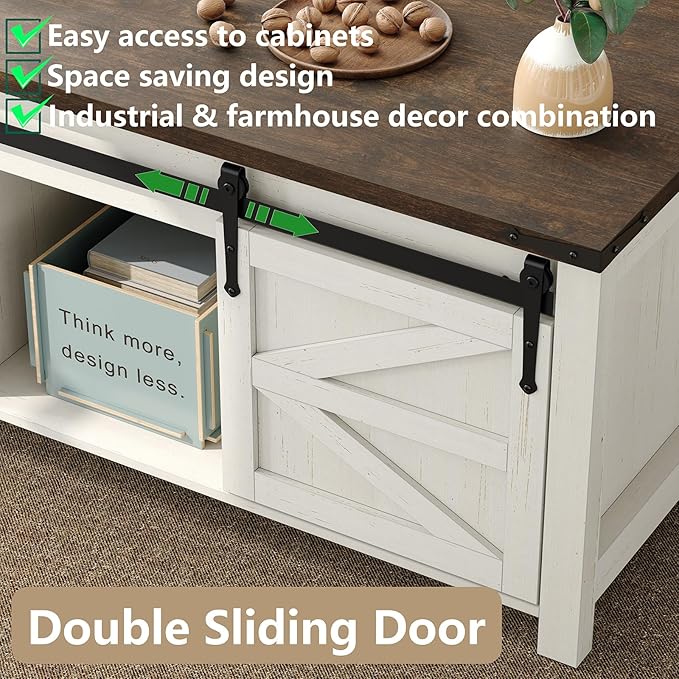 47.3'' Lift Top Coffee Table with Storage, Modern White Coffee Table with Sliding Barn Doors, Farmhouse & Rustic Rectangle Center Table for Living Room, Office, Brown Top