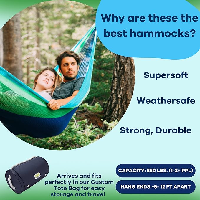 Handwoven Hammock by Yellow Leaf Hammocks - Family Size, Fits 2+ PPL, 550lb max - Weathersafe, Super Strong, Easy to Hang, Ultra Soft, Artisan Made - Color: Blue - Green