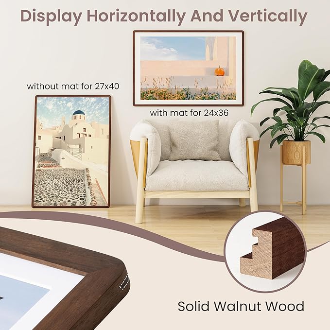 27x40 inch Poster Frame - Solid Walnut Wood 27 x 40 Poster Frame, Movie Poster Frame 27x40 With Mat For 24x36, Tempered Glass and Hanging Hardware Included, 27x40 Frame Wood, Natural Walnut