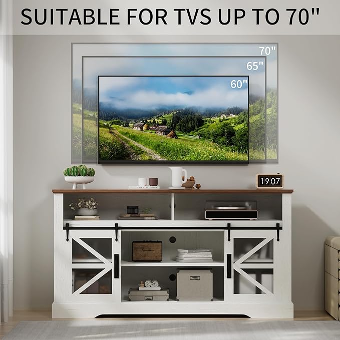 Farmhouse TV Stand,60-Inch TV Entertainment Center with Storage,Sliding Barn Doors and Adjustable Shelves,Suitable for TVs 24-70 Inches,for Living Room,Bedroom and Office