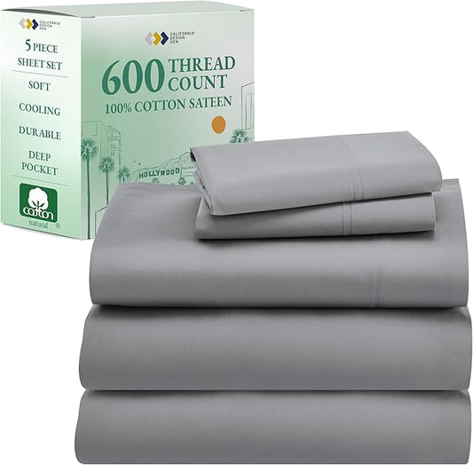 California Design Den Split King Sheet Set - 100% Cotton, 600 Thread Count, Breathable Luxury King Size Sheets for Adjustable Bed, Luxury Hotel-Quality Sheets with Soft Sateen Weave - Mist Grey