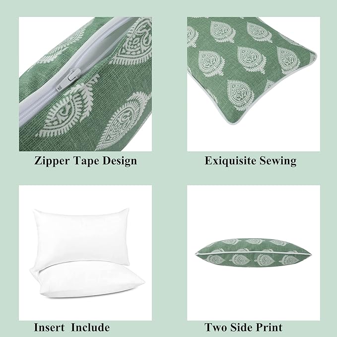 FUNHOME Set of 2 Patio Lumbar Pillows with Insert, 12”x20” Water-Repellent Outdoor Lumbar Pillow, Decorative Garden All Weather Lumbar Cushions for Home Patio Coach Sofa Use-Fair Green