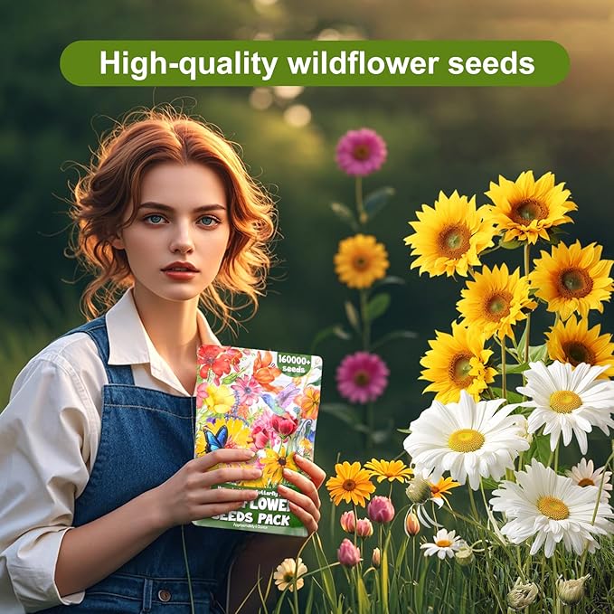 160000+ Wildflower Seeds Planting - 4oz Varieties Including Sunflower, Lavender, Zinnia & More, Attracts Bees & Butterflies, High Germination Rate, Easy to Grow for Garden, Balcony