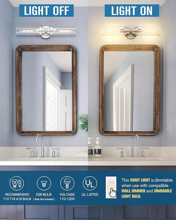 Emak Brushed Nickel Vanity Lights for Bathroom, Modern 22 Inch Bathroom Light Fixtures, 2-Light Cylinder Wall Sconces with Clear Glass Shade for Bathroom, Bedroom, Hallway, VL085-BN-2