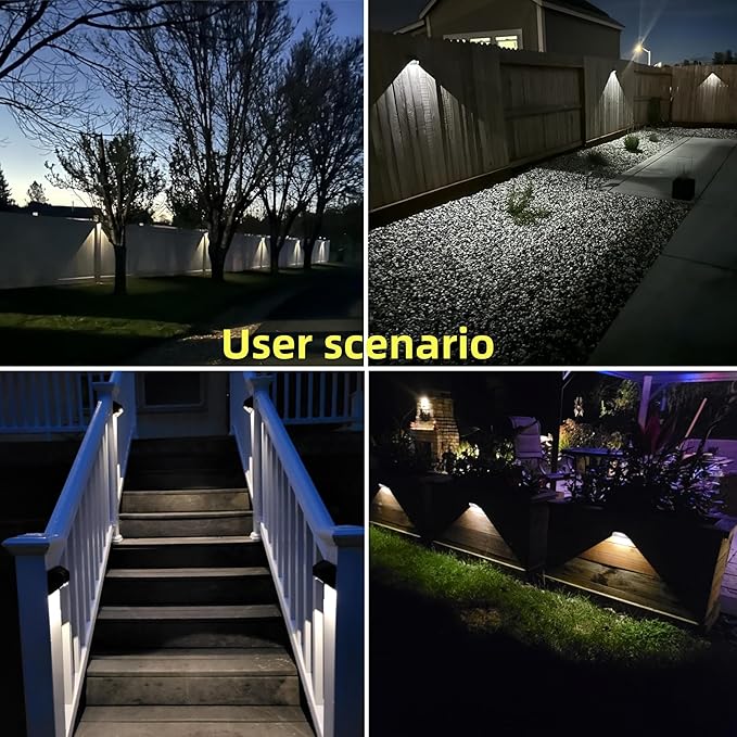 Solar Fence Lights，Deck｜Step ｜Stair Lights，Warm White/Daylight/Cool White Options for Yard Garden Sidewalk Pathway, Waterproof（6-Pack）