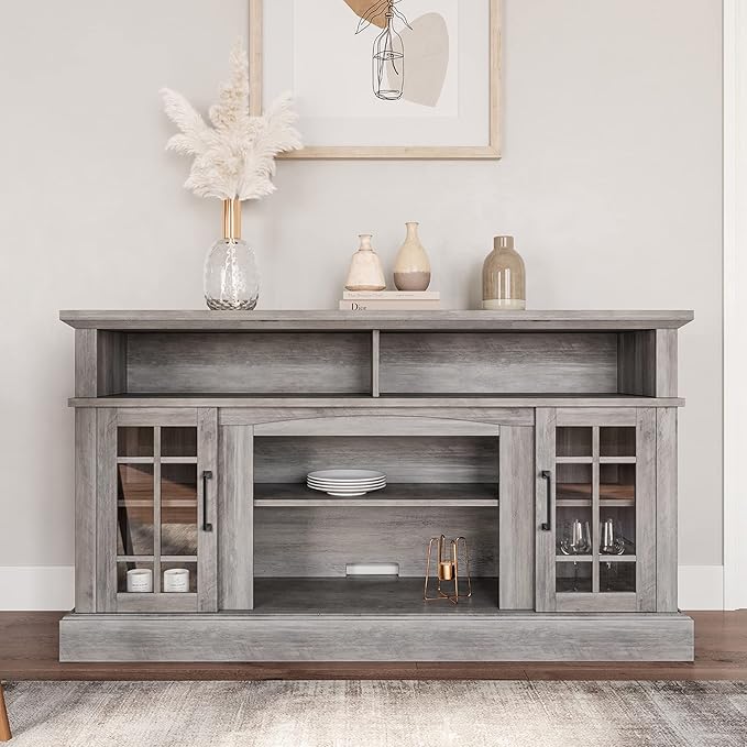 BELLEZE Traditional 58 Inch Rustic Wood TV Stand & Media Entertainment Center Console Table for TVs up to 65 Inches with Open Storage Shelves & Cabinets - Astorga (Gray Wash)
