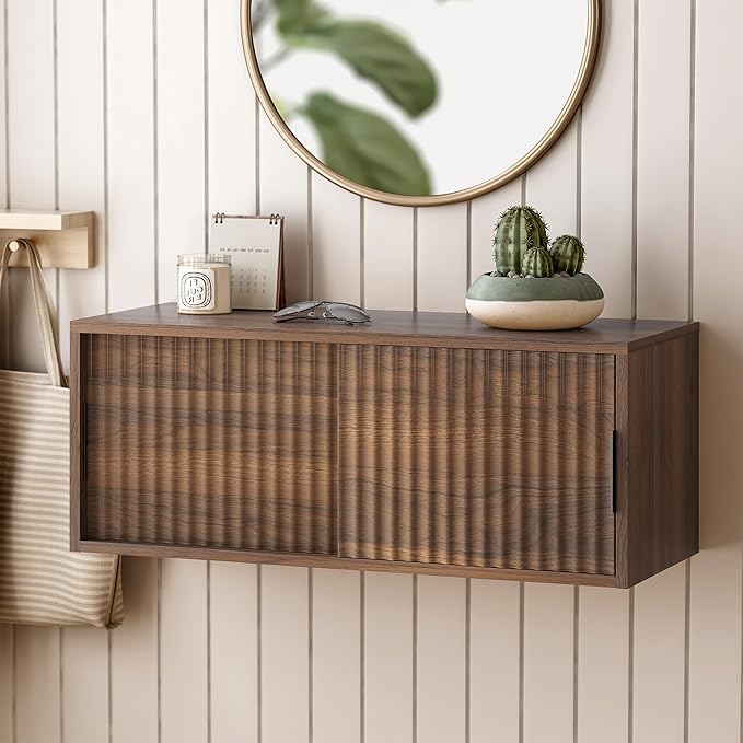 Fluted Floating TV Stand Set of 2, 30" Multi-Purpose Modern TV Display Shelf Console Entertainment Center Cabinet with Sliding Doors for Bedroom Living Room Entryway, Brown