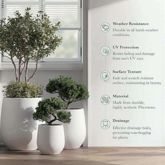 DTY Signature Mount Wilson Modern Indoor Outdoor Fiberstone Tapered Planter, Lightweight, Weather Resistant Garden Pot with Drainage Hole & Rubber Plug, Planter for Christmas Decor - Large, White