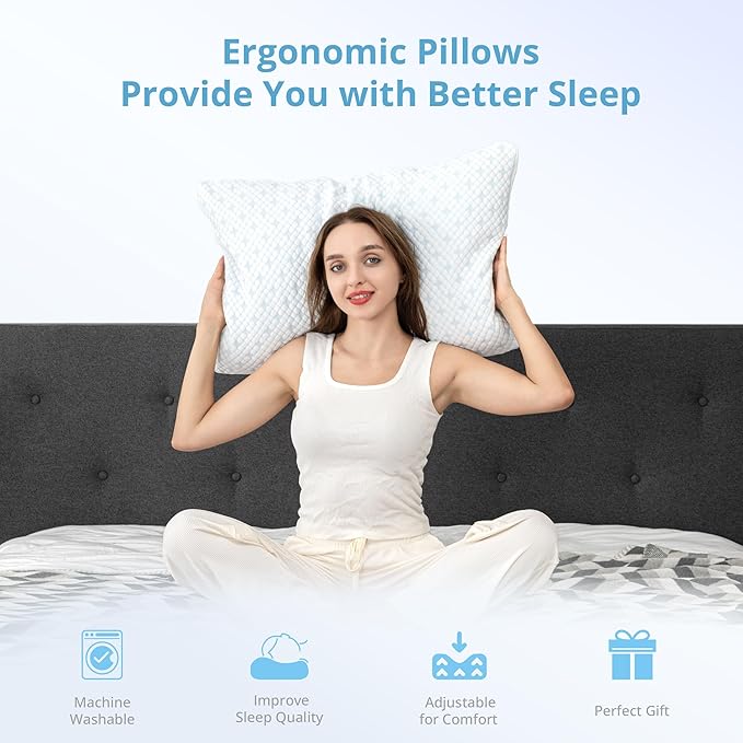 Cooling Pillows Queen Size Set of 2 - Adjustable Shredded Memory Foam Pillow for Sleeping, Bed Pillows for Side, Back, Stomach, Hot Sleepers, with Washable Cover, Supportive, 2 Pack