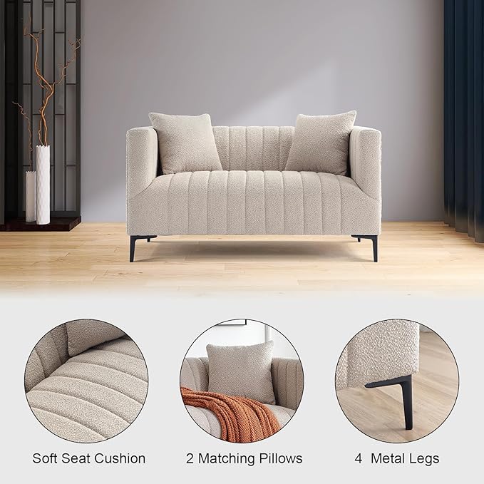 Get Set Style Modern Accent Loveseat Sofa Couch, Tufted Boucle Upholstered Sherpa Deep Seat Cloud Couch with 2 Pillows,Comfy 2 Seater Love Seat for Living Room Apartment Office Lounge Studio (Taupe)
