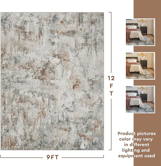 tchdio Area Rug 9x12 Rugs for Living Room- Abstract Soft Living Room Rug-Non Slip Carpet- Washable Rug for Bedroom Dining Room Home Office Modern Rugs Light Grey/Brown/Red