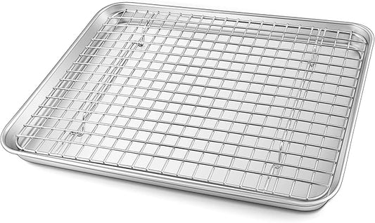 TeamFar Baking Tray with Rack, 12.5 x 10 x 1 Inch Stainless Steel Toaster Oven Baking Pan with Grid Rack for Baking Roasting Cooling, Healthy & Heavy-Duty, Oven & Dishwasher Safe, 2pcs